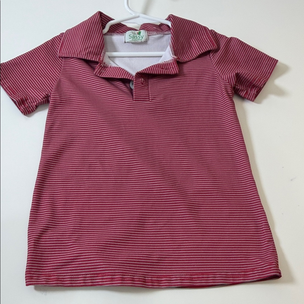 Burgundy and White Micro-Stripe Polo Shirt boys polo Sassy Stitches